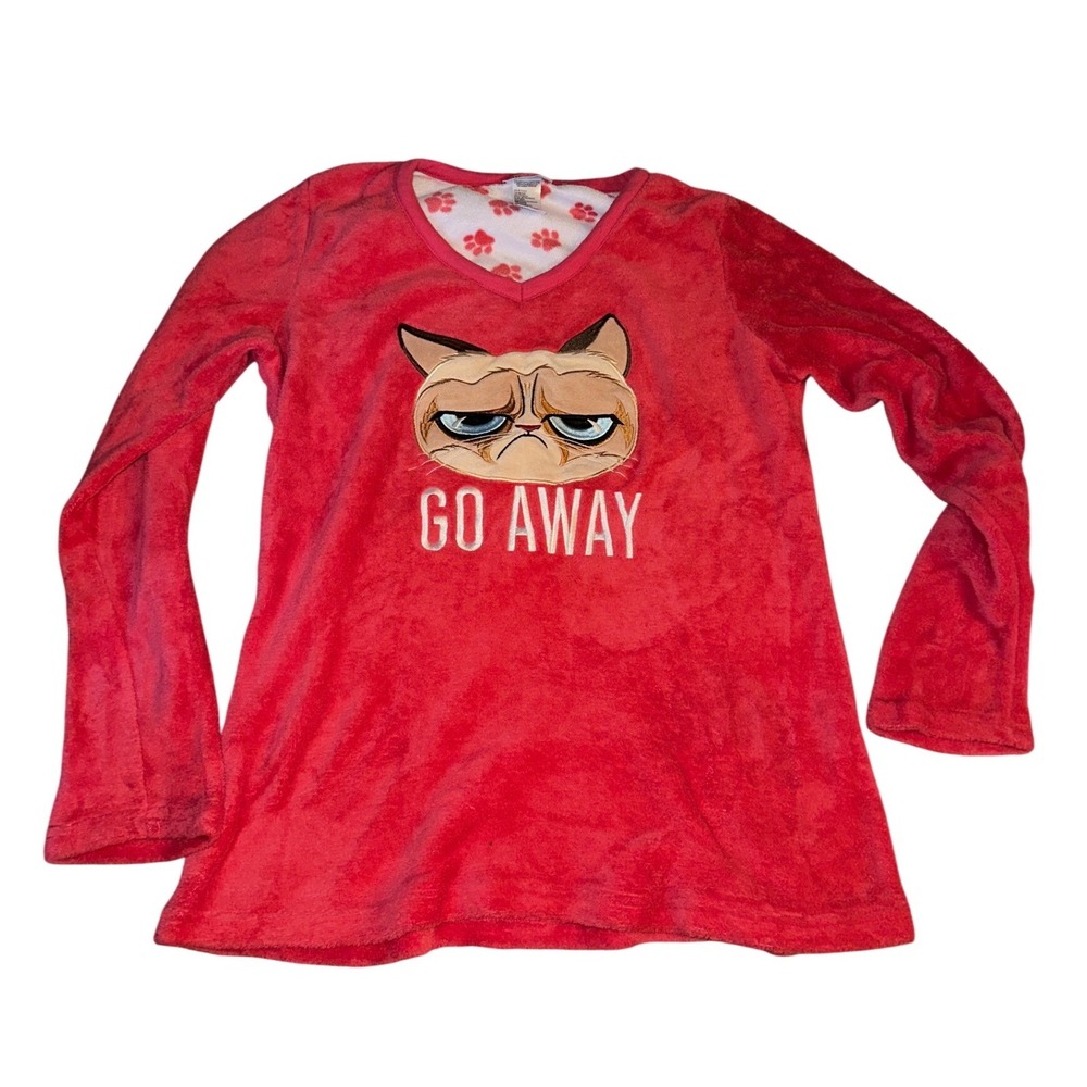 Grumpy Cat Go Away Fleece Pajama Top Coral Red Long Sleeve Sleepwear Medium 8-10